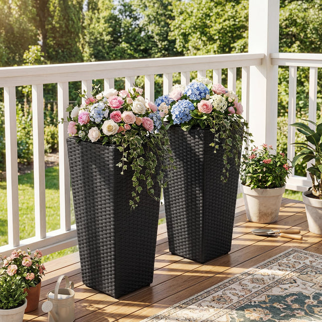 Dreamade Set of 2 Rattan Tall Plant Pots with Detachable Plastic Liners