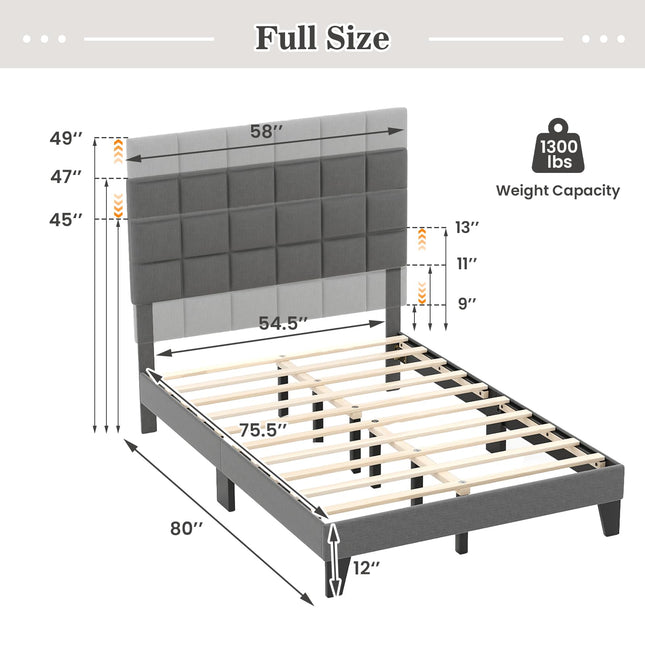 Dreamade Full Size Platform Bed, Linen Fabric Upholstered Bed Frame with Adjustable Headboard & Wooden Slat Support
