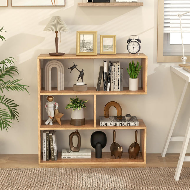 Dreamade 3-Tier Bookshelf, Wooden Concave Bookcase for Small Space, Modern Freestanding Display Storage Shelves
