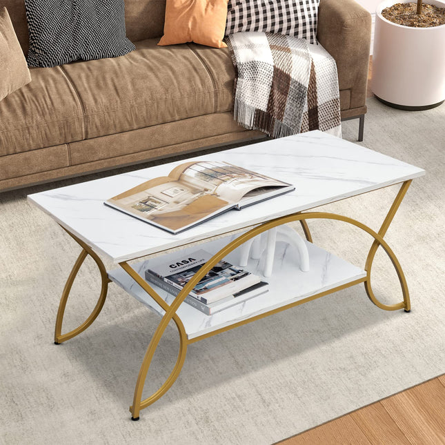 Dreamade 2-Tier Rectangular Coffee Table, Modern Chic Cocktail Table with Open Storage Shelf, White/Gold