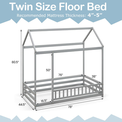 Dreamade Twin Floor Bed with Fence, Wood Montessori Bed with Safety Guardrails and 80.5" High Roof Design