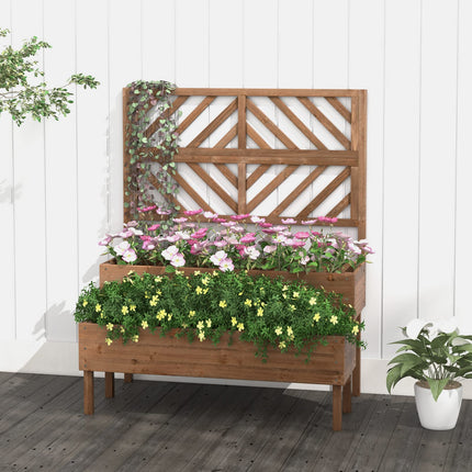 Dreamade Raised Garden Bed with Trellis, 2-Tier Wooden Planter Box with Legs and Drain Holes (Brown)