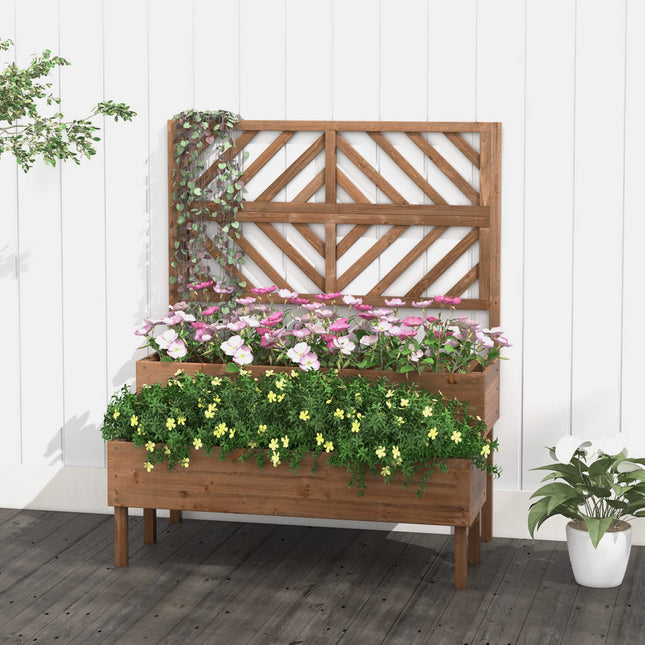 Dreamade Raised Garden Bed with Trellis, 2-Tier Wooden Planter Box with Legs and Drain Holes (Brown)