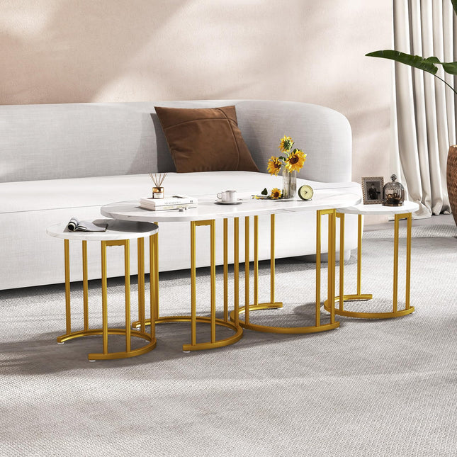 Dreamade Nesting Coffee Table Set of 3, Stacking Side Tables with Faux Marble Tabletop & Gold Metal Frame
