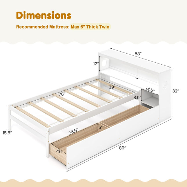 Dreamade Wood Twin Bed Frame with Storage Drawer & Headboard, Modern Platform Bed with Charging Station & LED Light