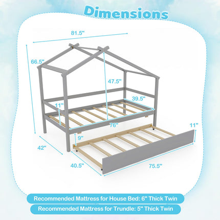 Dreamade Wood House Bed for Kids, Twin Bed Frame with Trundle Bed Twin