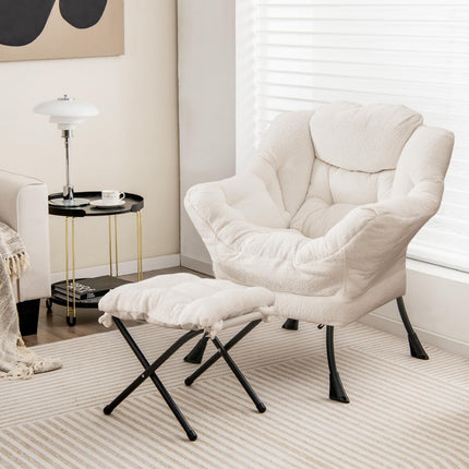 Dreamade Set of 1/2 Lazy Chair with Folding Ottoman, Modern Sherpa Accent Chair w/Armrests & Pocket