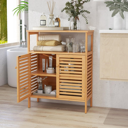 Dreamade Storage Cabinet, Bamboo Bathroom Floor Cabinet with Double Louvered Doors