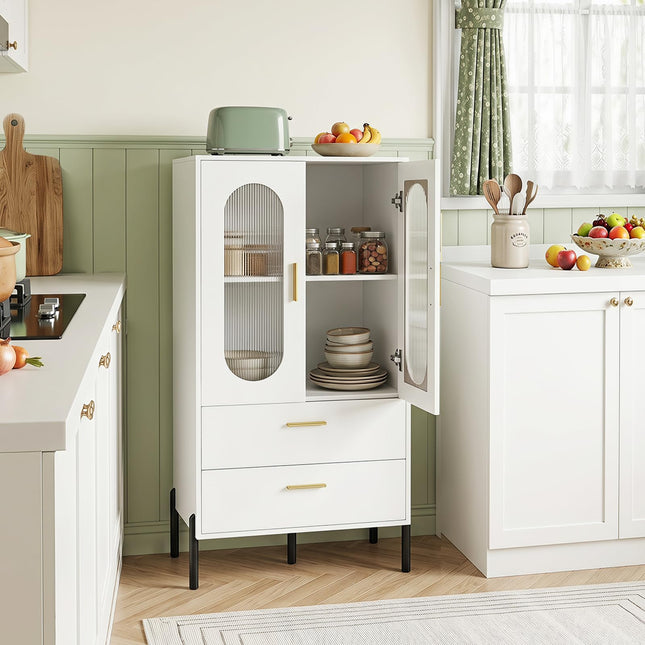 Dreamade 47" H Buffet Sideboard Kitchen Cabinet w/Clear Doors & 2 Drawers