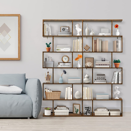 Dreamade Geometric Bookcase Rustic, Solid Wood S-Shaped Bookshelf