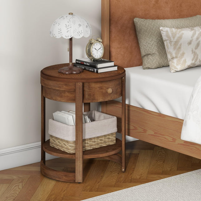 Dreamade Round Side Tables Set of 1/2 | 2-Tier Retro End Tables with Drawer & Shelf