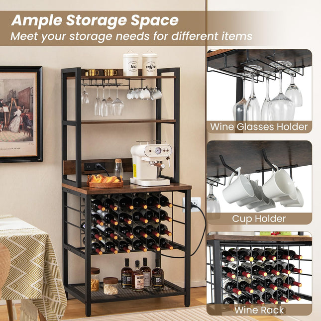 Dreamade Bakers Rack with Storage Hutch, Power Outlet & USB Port, Coffee Bar 24-Bottle Wine Rack & Glass Holder