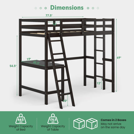 Dreamade Twin Size Loft Bed with Desk, Solid Wood Loft Bed with 2 Ladders & Full Length Guardrail