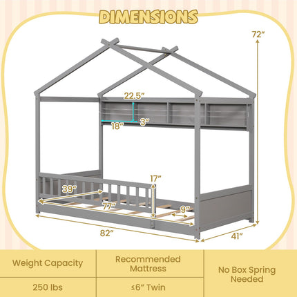 Dreamade Twin Floor House Bed with Storage Shelf, Wood Twin Bed Frames with Headboard & Guardrail