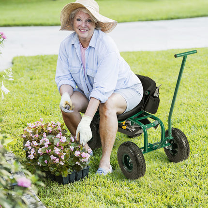 Dreamade Garden Cart, Rolling Workseat with 4 Wheels, Tool Tray, Removable Cushion, Storage Basket