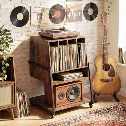 Dreamade Record Player Stand on Wheels | 3-Tier Turntable Stand with Charging Station