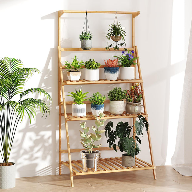 Dreamade Plant Stand Indoor Outdoor - Bamboo 3-Tier Hanging Tall Ladder Flower Pot Display Organizer Rack