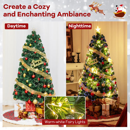 Dreamade 5ft Pre-Lit Fiber Optic Christmas Tree, Artificial Lighted Xmas Tree with 24 Warm-White Shape-Adjustable Star String Lights