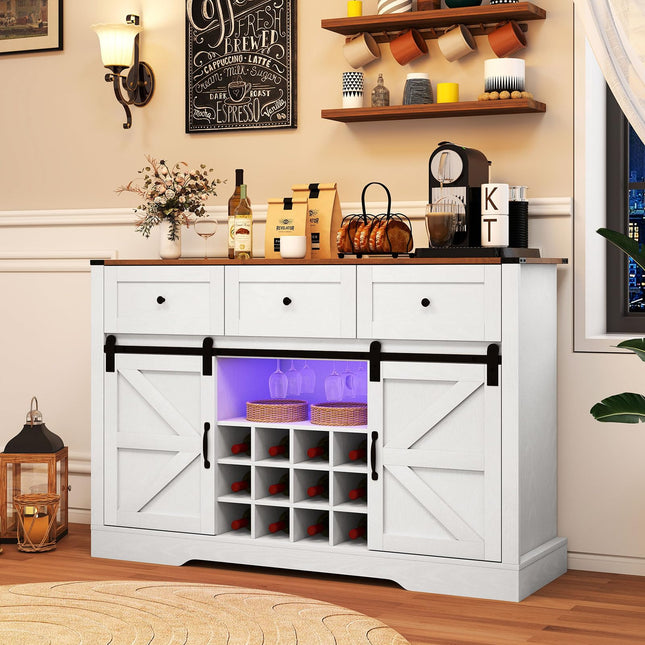 Dreamade Wine Bar Cabinet with LED Lights 52" Buffet Sideboard w/Sliding Barn Door 3 Drawer