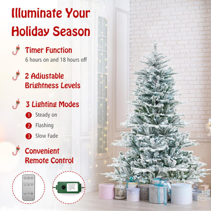 Dreamade 6/7/8 ft Pre-Lit Snow Flocked Christmas Tree, Artificial Hinged Xmas Tree with 661/1119/1447 PVC & PE Tips