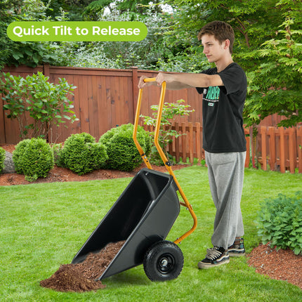 Dreamade Dual-Wheel Wheelbarrow, Heavy-Duty Garden Utility Cart with Built-in Stand, Pneumatic Tires, 330 Lbs Capacity, Foldable Handle