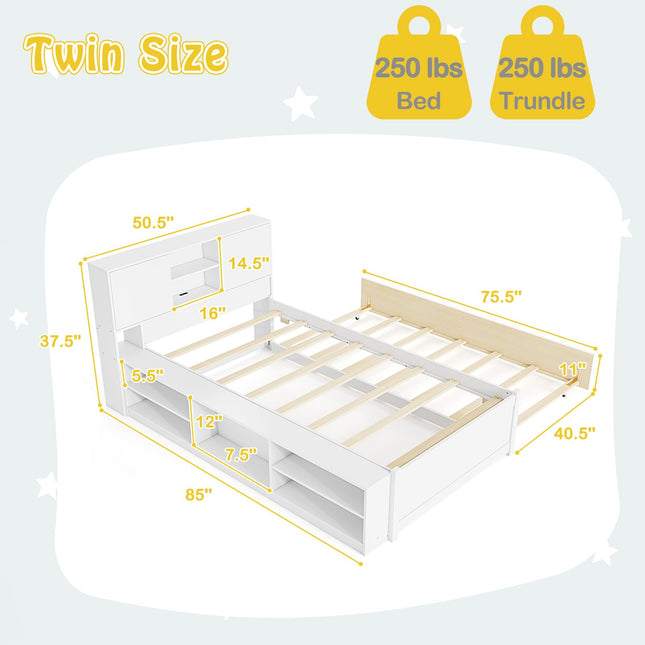 Dreamade White Twin Size Bed Frame with Trundle and Bookcase Headboard