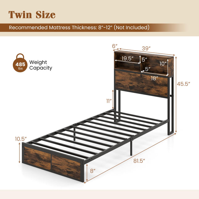 Dreamade King/Queen/Twin Size Bed Frame with Storage Headboard and Charging Station, Industrial Metal Platform Bed