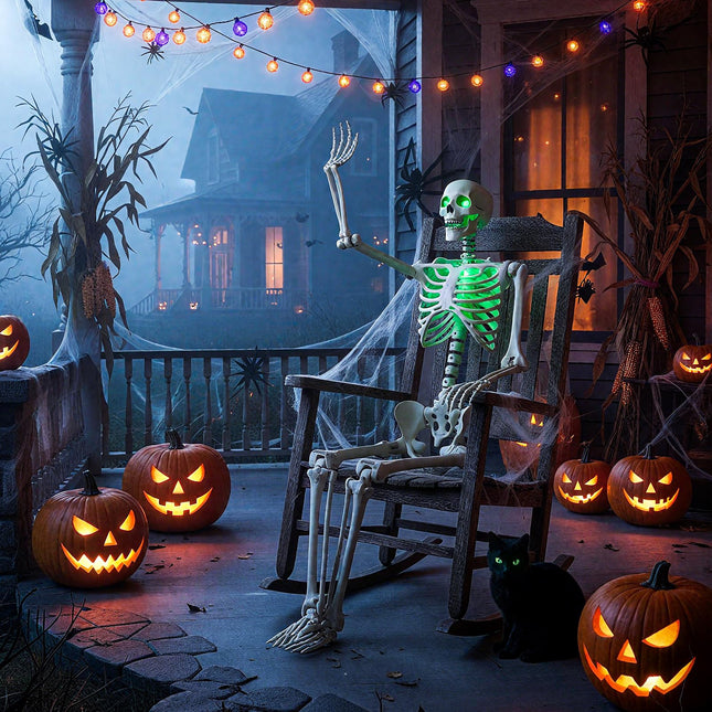 Dreamade 63" Life-Size Posable Skeleton with Green LED Lights Halloween Lighted Skeleton Decoration