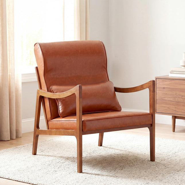 Dreamade Faux Leather Upholstered Armchair with Lumbar Pillow for Living Room & Bedroom