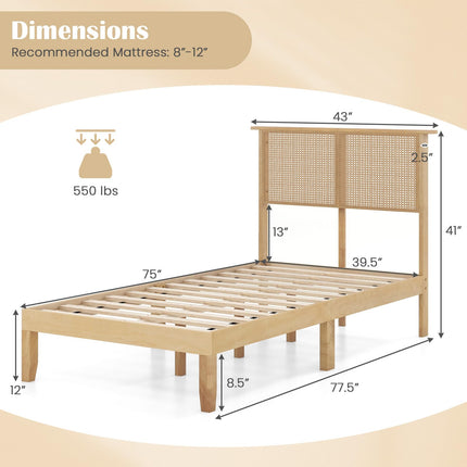 Dreamade Queen/Full/Twin Size Bed Frames with Rattan Headboard, Boho Solid Wood Platform Bed with Wooden Slats