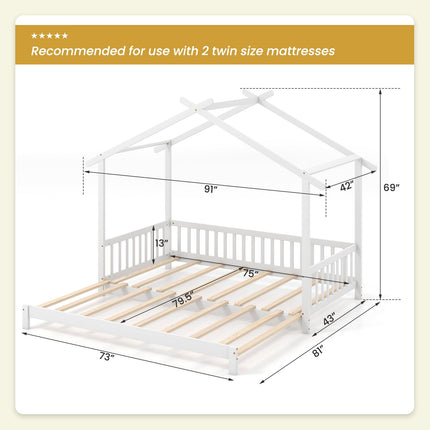 Dreamade Extendable House Bed for Kids, Twin to King Daybed with Roof & Fence Rails, Wood Kids Bed Frame for Teens