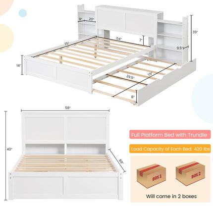 Dreamade Full Bed Frame with Twin Trundle, Wooden Bed Wooden Bed Frame with 2 Rolling Bookcases & High Headboard