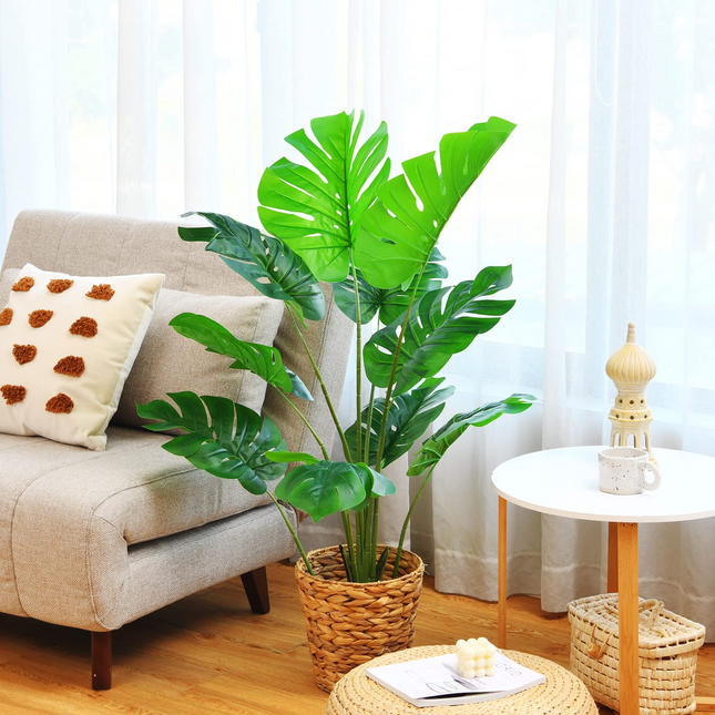 Dreamade Artificial Monstera Deliciosa Plant, 4ft Tall Fake Tropical Palm Tree w/10 Pcs Different Turtle Leaves - DreamadeUS