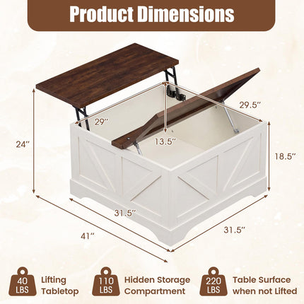 Dreamade 31.5" Square Farmhouse Lift Top Coffee Table with Storage