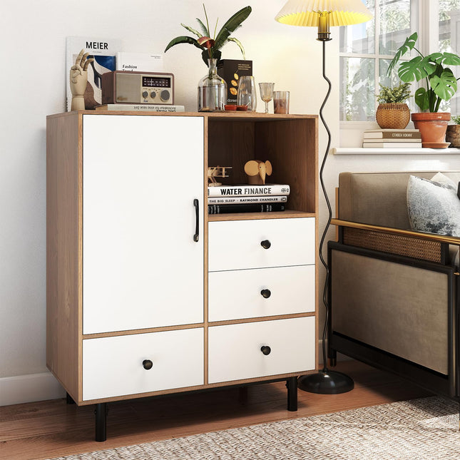 Dreamade Storage Cabinet with 4 Drawers Door & Open Compartment, Metal Support Legs