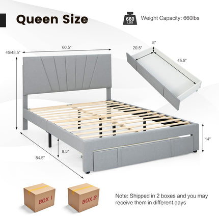 Dreamade Upholstered Queen Bed Frame with Drawer, Modern Platform Bed with Storage & Adjustable Headboard