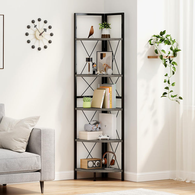 Dreamade 5-Tier Corner Shelf, 63" Tall Corner Bookshelf, Freestanding Storage Rack w/Metal Frame
