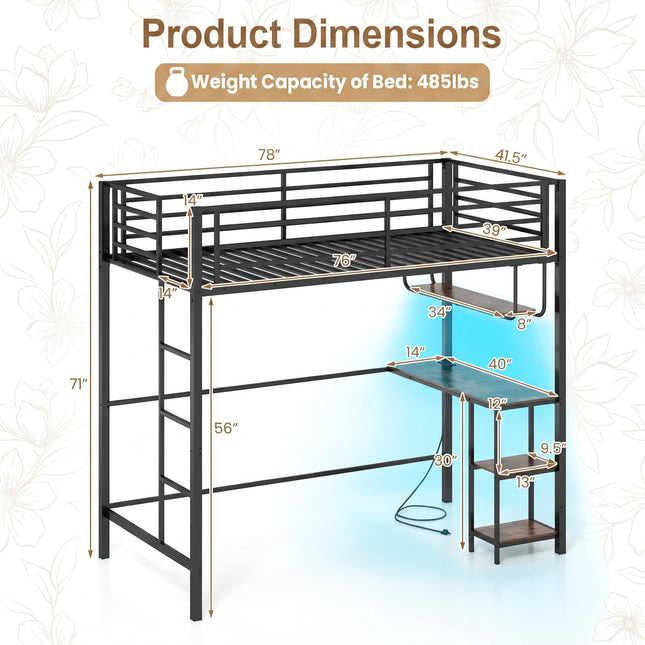 Dreamade Twin Loft Bed with Desk LED Lights & Charging Station