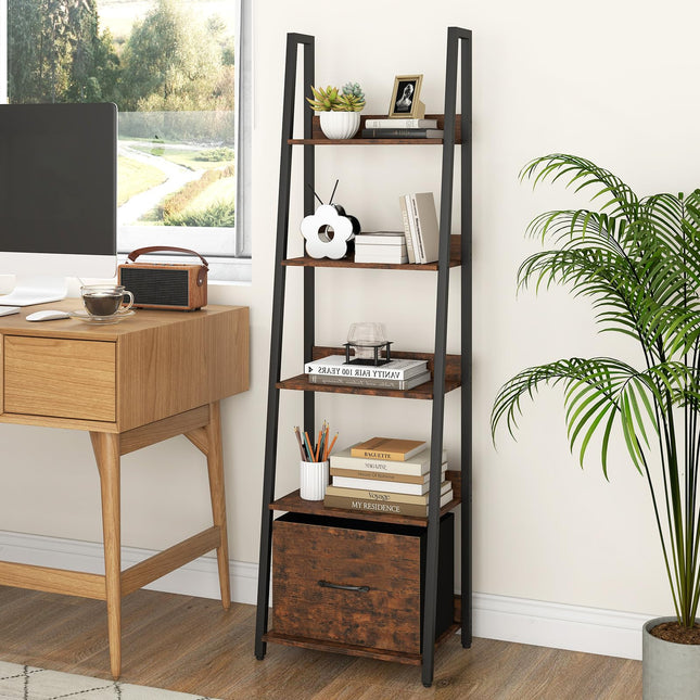Dreamade 5-Tier Industrial Ladder Bookshelf with Removable Fabric Drawer (1/2)