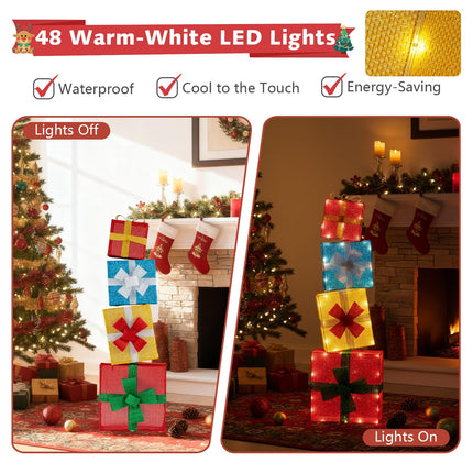 Dreamade 4 Ft Lighted Gift Boxes Stackable, Pre-lit Xmas Boxes Decoration w/LED Lights