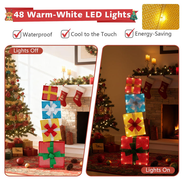 Dreamade 4 Ft Lighted Gift Boxes Stackable, Pre-lit Xmas Boxes Decoration w/LED Lights