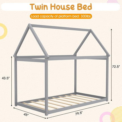 Dreamade Twin House Bed, Wood Montessori Bed Frame with House Roof Canopy