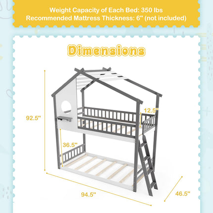 Dreamade Solid Wood Floor Bunk Bed with Ladder and Full-Length Guardrails