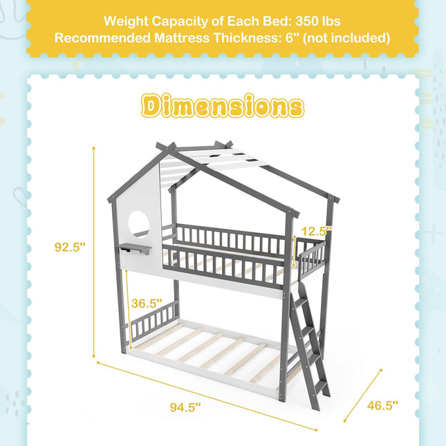 Dreamade Solid Wood Floor Bunk Bed with Ladder and Full-Length Guardrails