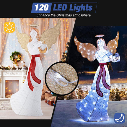 Dreamade 5 FT Christmas Lighted Angel, Pre-Lit Winged Holiday Figure Angel with 120 Cold White LED Lights