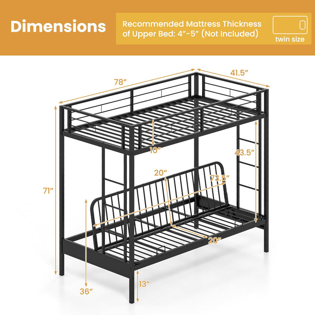 Dreamade Twin Over Futon Bunk Bed, Metal Bunk Bed with Futon