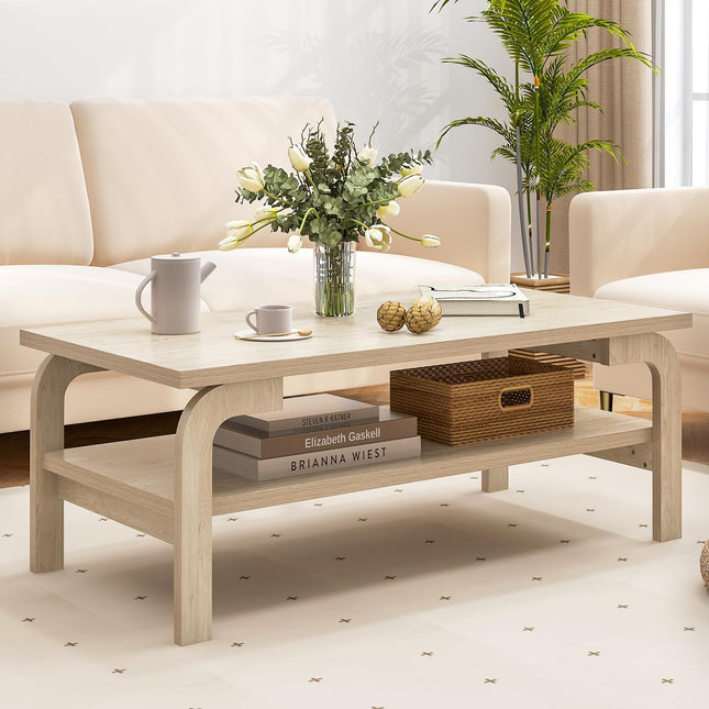 Dreamade 2-Tier Coffee Table with Storage, 47” Mid Century Rectangle Accent Table with Open Shelf