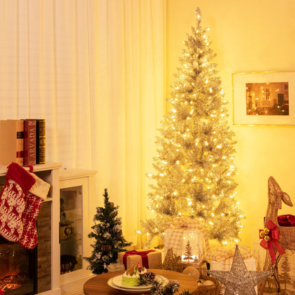 Dreamade 6ft Pre-lit Silver Pencil Christmas Tree, Artificial Tinsel Electroplated Tree, Decor for Home