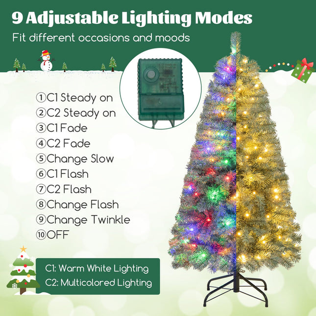 Dreamade 4.5ft Pre-Lit Blue Slim Pencil Christmas Tree, with 100 Warm White & Multicolored LED Lights, 9 Modes, 256 Branch Tips