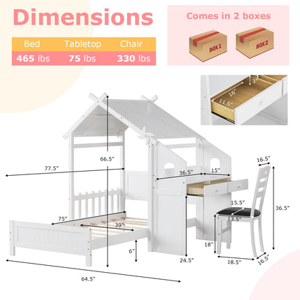 Dreamade Twin House Bed with Desk & Chair, Wood Kids Playhouse Bed with 2 Drawers